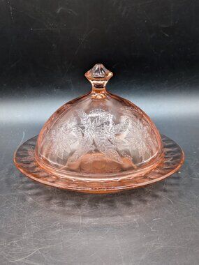 Vtg Jeannette Pink Depression Glass Round Butter Dish with Domed Lid Floral